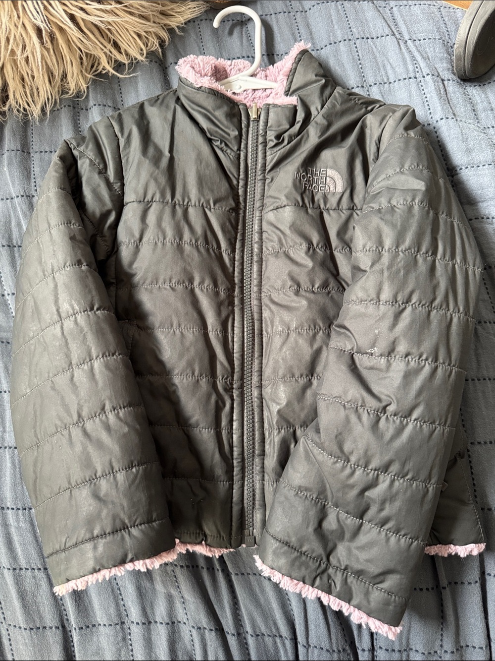 The North Face Kids Gray Puffer Jacket with Pink/purple Trim reversible